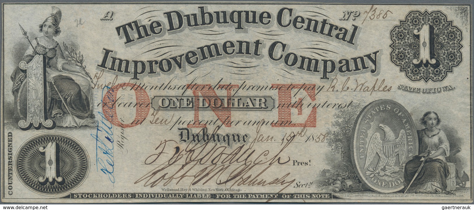 United States Of America: IOWA - The Dubuque Central Improvement Company 1 Dollar 1858, Countersigne - Otros & Sin Clasificación