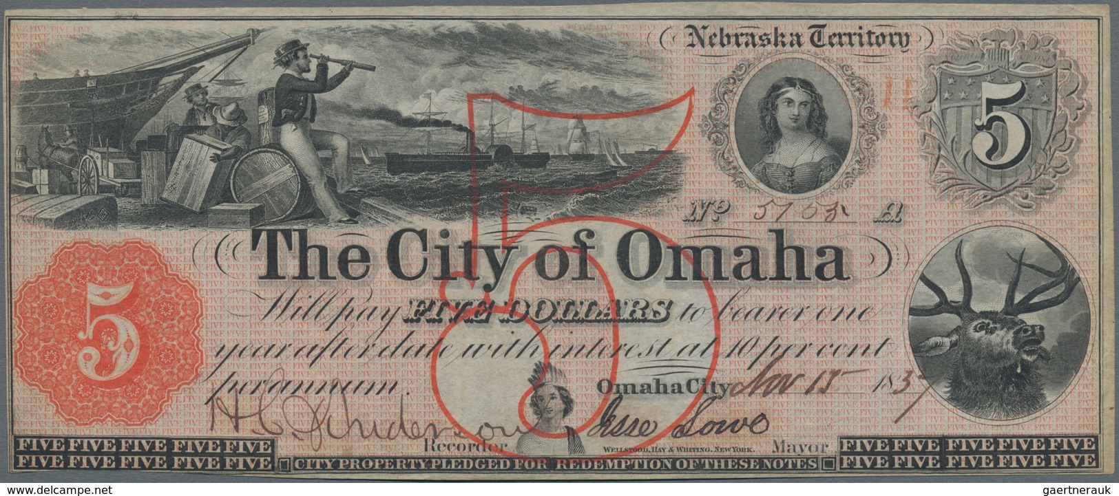 United States Of America: NEBRASKA TERRITORY - City Of Omaha 5 Dollars 1837 In Perfect UNC Condition - Sonstige & Ohne Zuordnung