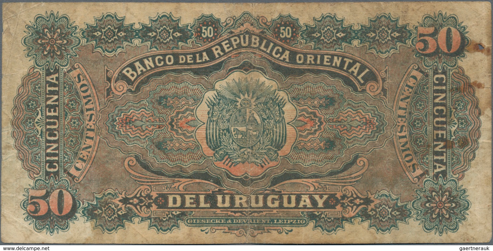 Uruguay: El Banco De La Republica Oriental Del Uruguay 50 Centesimos 1896, P.2 In About F Condition. - Uruguay