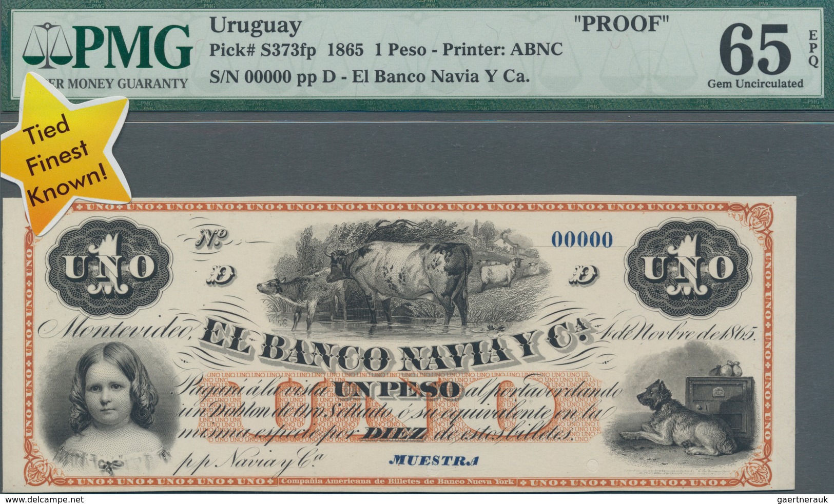 Uruguay: El Banco Navia Y Ca. 1 Peso 1865 Front Proof, P.S373fp, Traces Of Cardboard On Back, PMG Gr - Uruguay