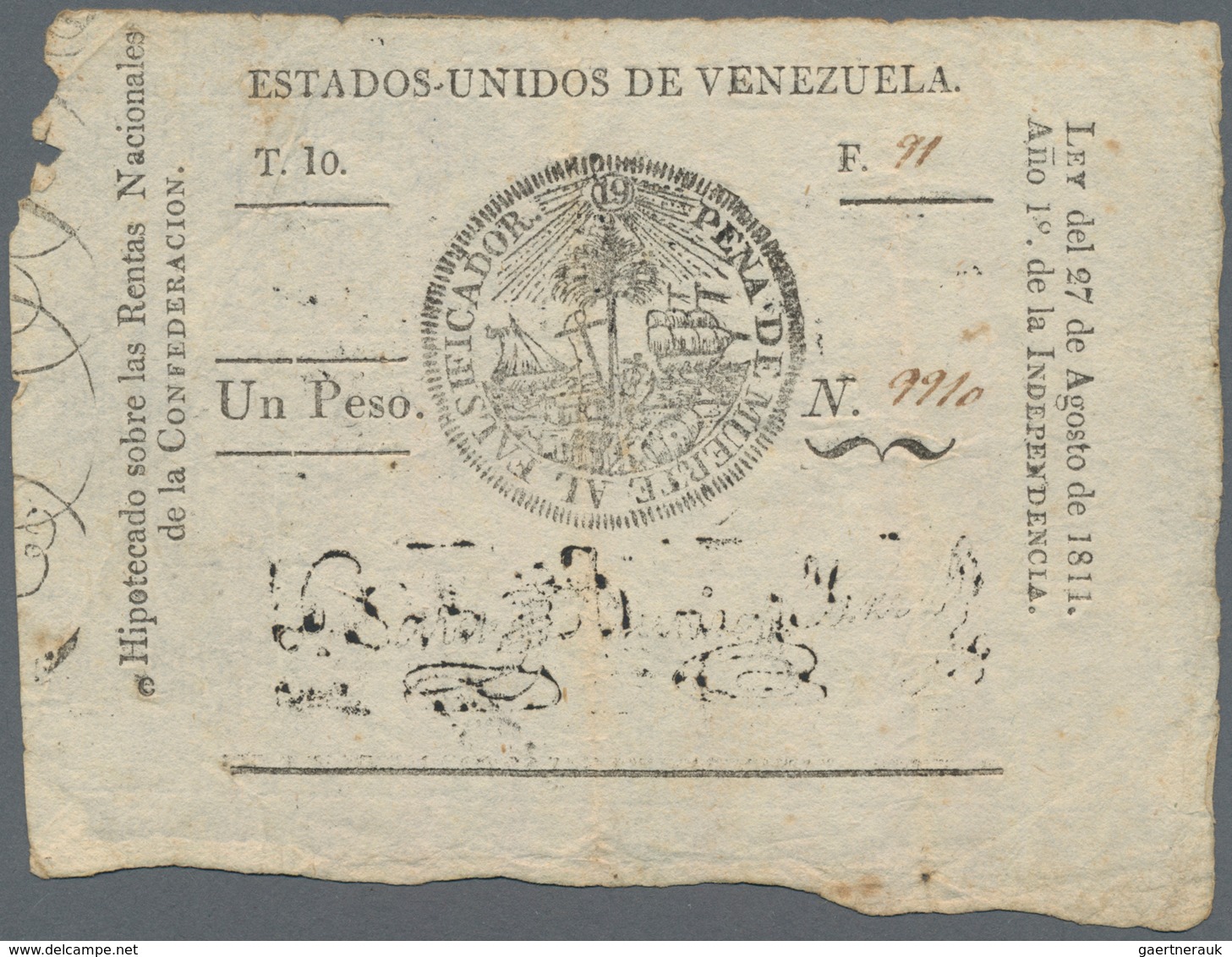 Venezuela: Estados Unidos De Venezuela 1 Peso L.27.08.1811, P.4A, Extraordinary Rare Banknote And A - Venezuela