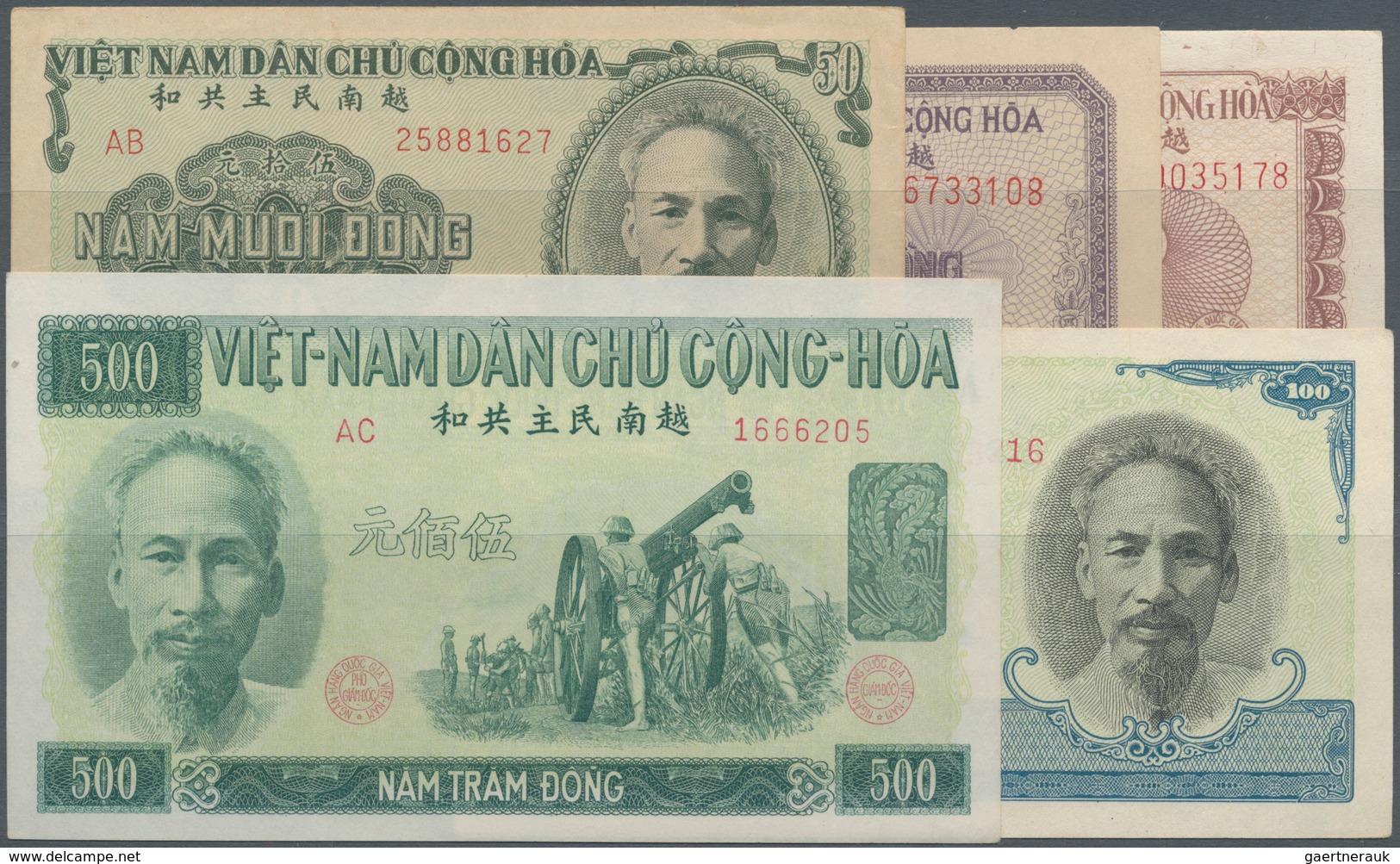 Vietnam: Set With 5 Banknotes 10, 20, 50, 100 And 500 Dong 1951, P.59-63, 64in VF+ To AUNC Condition - Vietnam