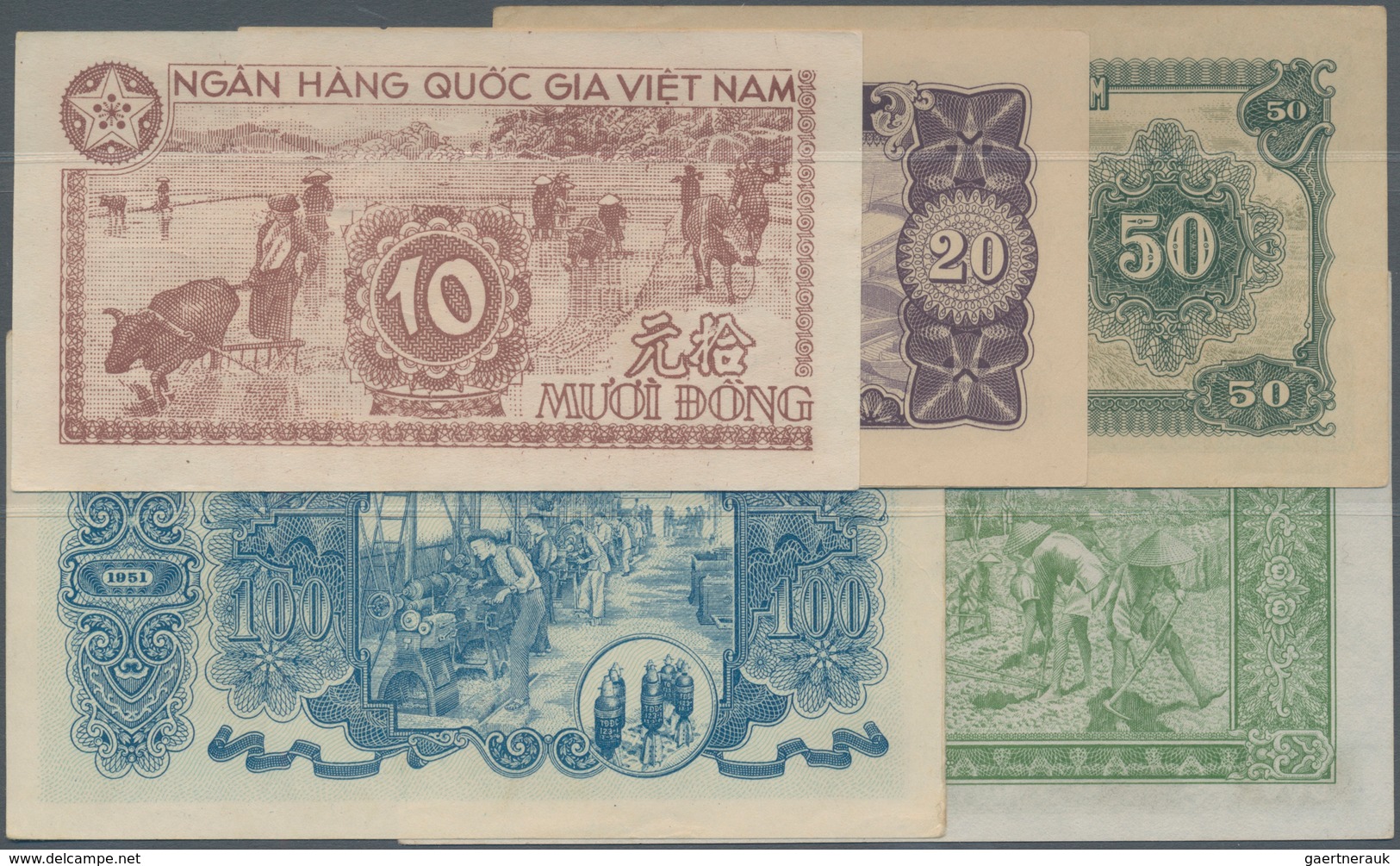 Vietnam: Set With 5 Banknotes 10, 20, 50, 100 And 500 Dong 1951, P.59-63, 64in VF+ To AUNC Condition - Vietnam