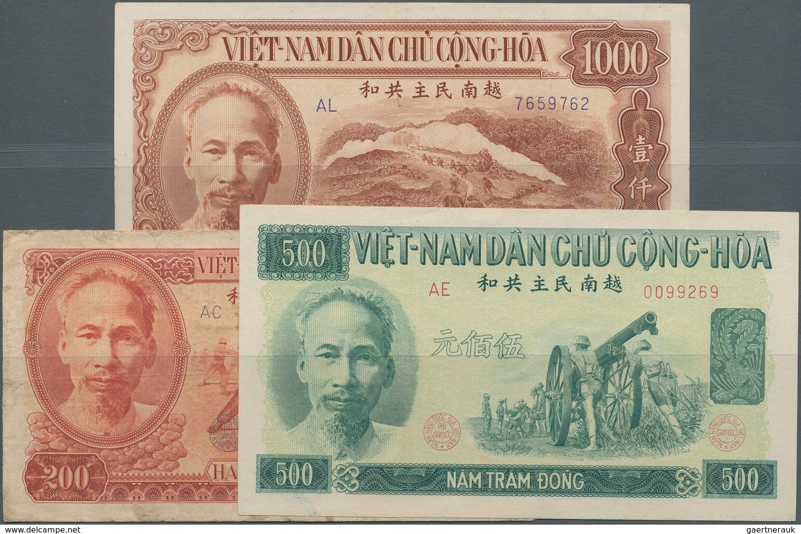 Vietnam: Set With 3 Banknotes Of The Armed Forces Series With 200 Dong 1951 P.63a In F, 500 Dong 195 - Vietnam