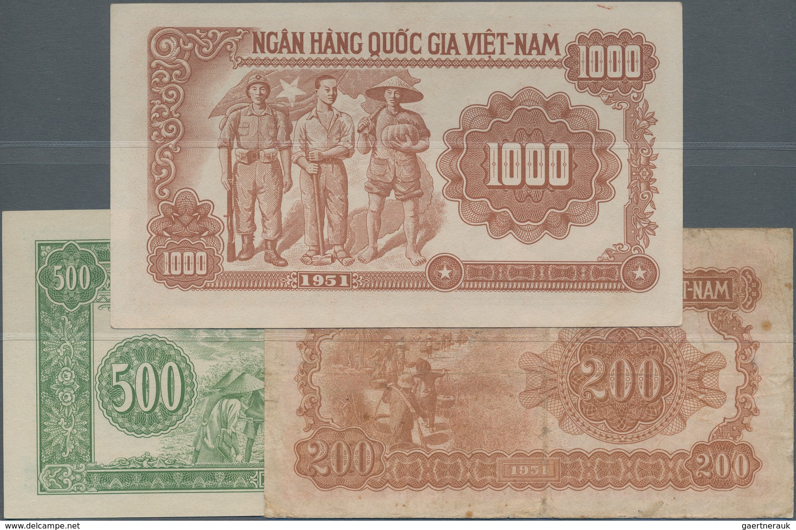 Vietnam: Set With 3 Banknotes Of The Armed Forces Series With 200 Dong 1951 P.63a In F, 500 Dong 195 - Vietnam