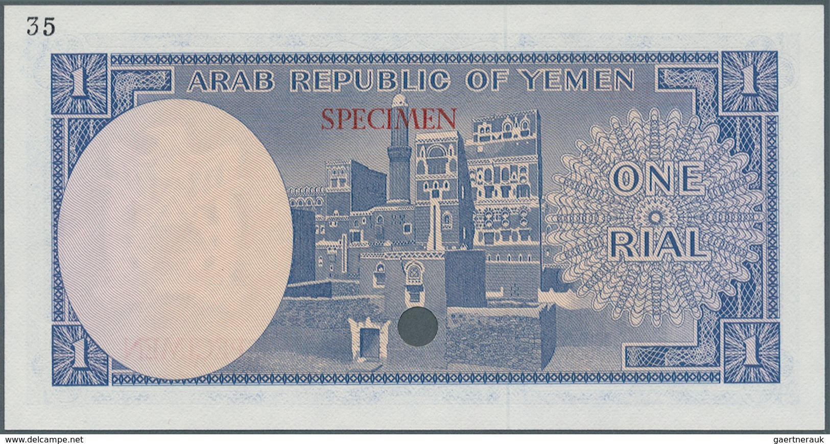 Yemen / Jemen: 1 Rial ND Color Trial P. 6ct With Two Red "Specimen" Overprints On Front, One Hole Ca - Yemen
