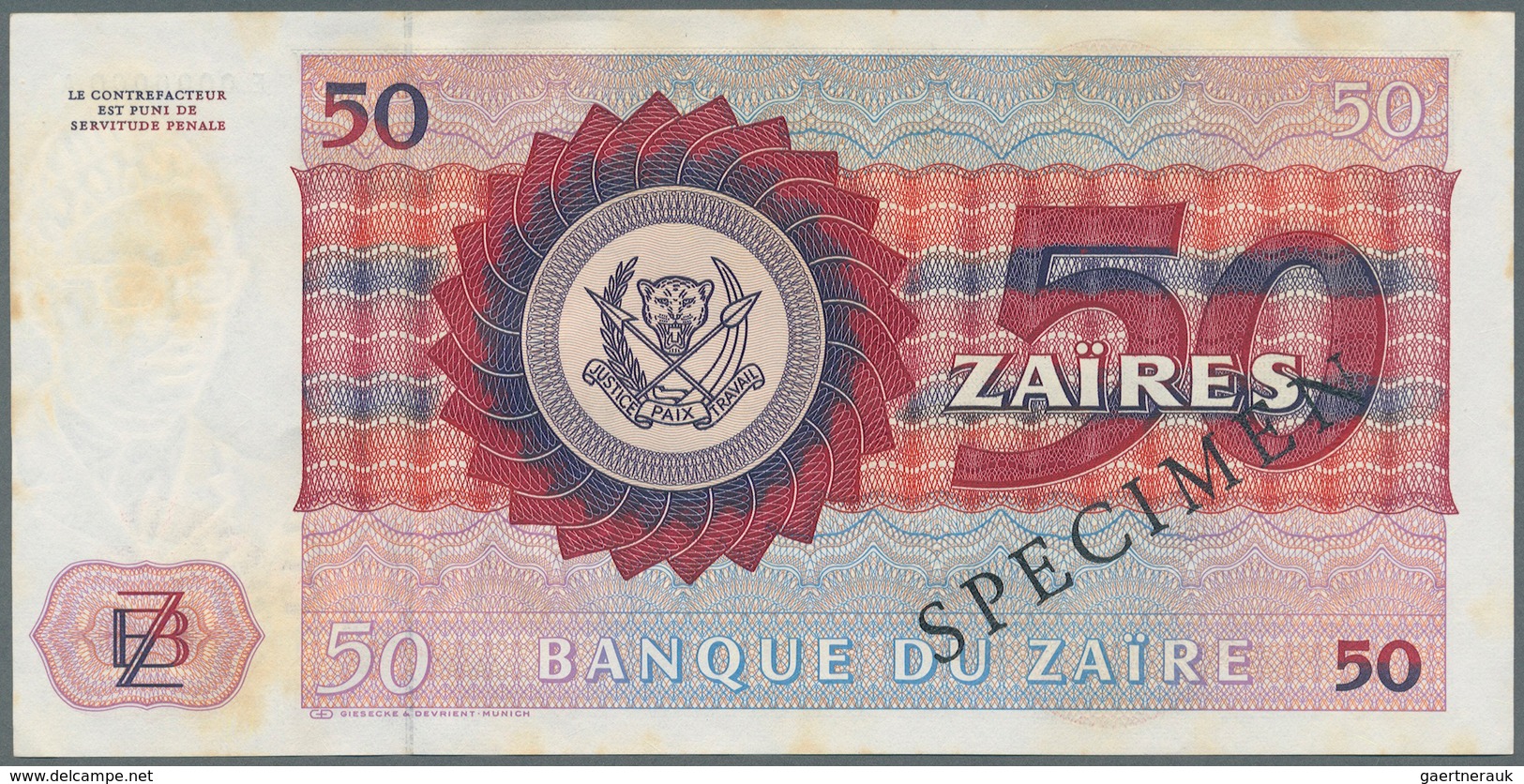 Zaire: Set Of 70 Banknotes Zaire 50 Zaires 1980 Specimen P. 25s With Red "Speicmen" Overprint At Cen - Zaire