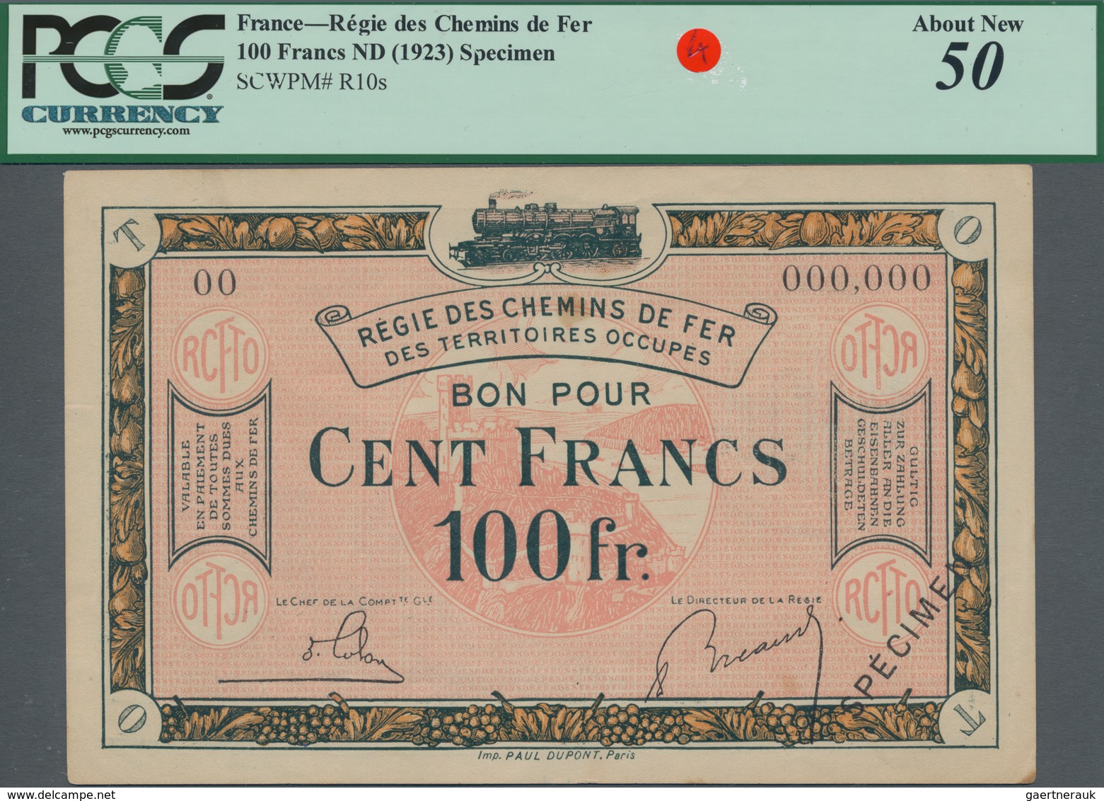 France / Frankreich: Regie Des Chemins De Fer 100 Francs 1923 SPECIMEN, P.10s With Minor Stains And - Sonstige & Ohne Zuordnung