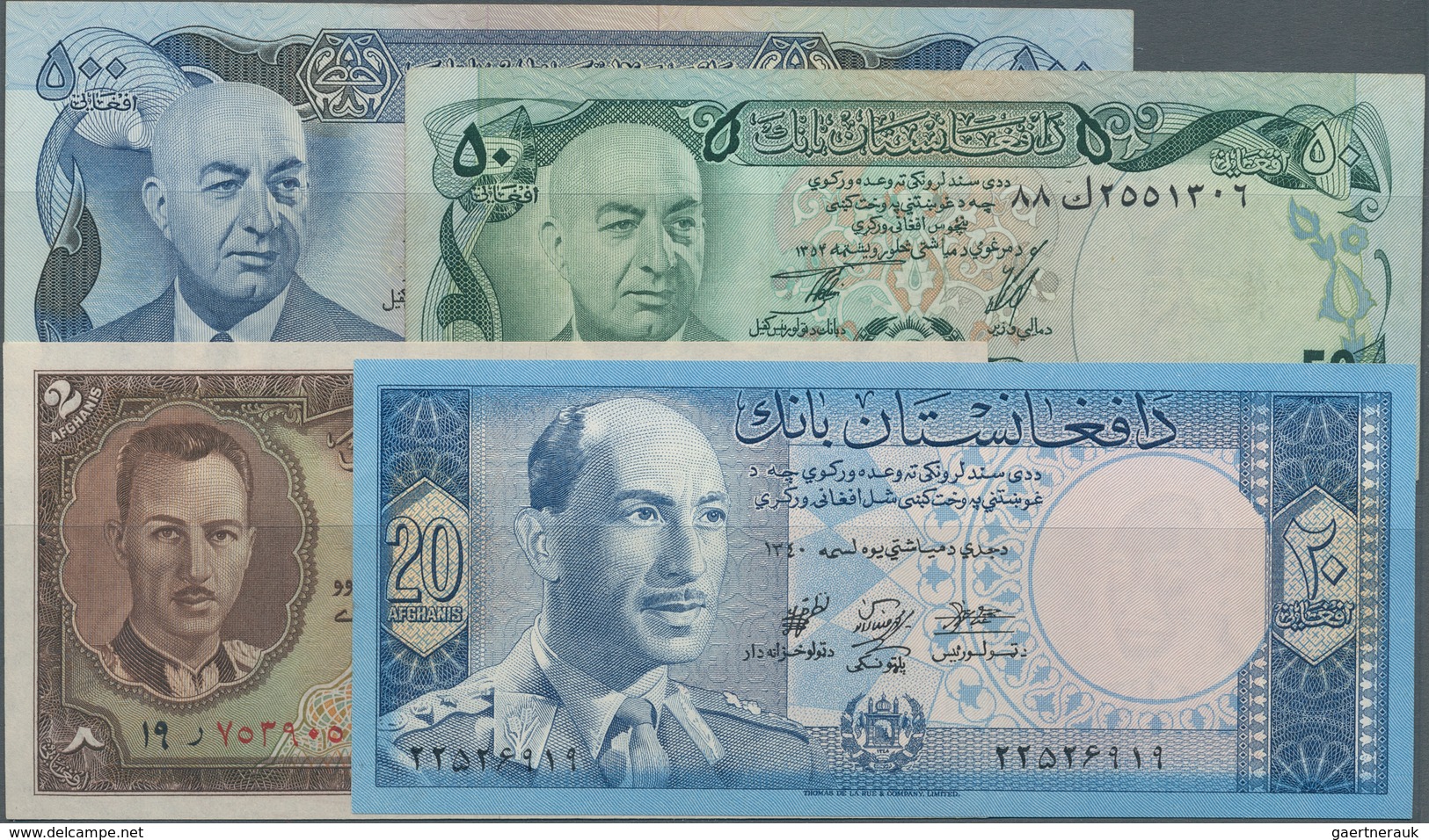 Afghanistan: Set With 9 Banknotes 2 - 500 Afghanis Ca. 1939-2002, P.21, 38, 49, 51, 55, 58, 60, 65 I - Afghanistan