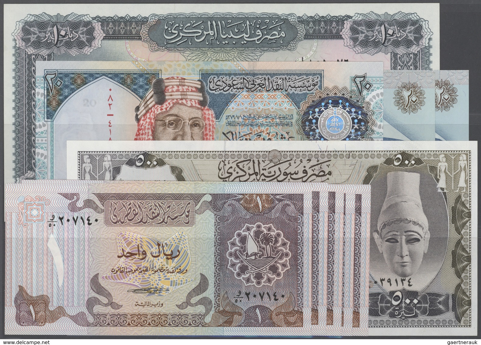 Alle Welt: Set 10 Banknotes Of Arabic Countries Containing Qatar 5x 1 Riyal Partly Consecutive, Saud - Altri & Non Classificati