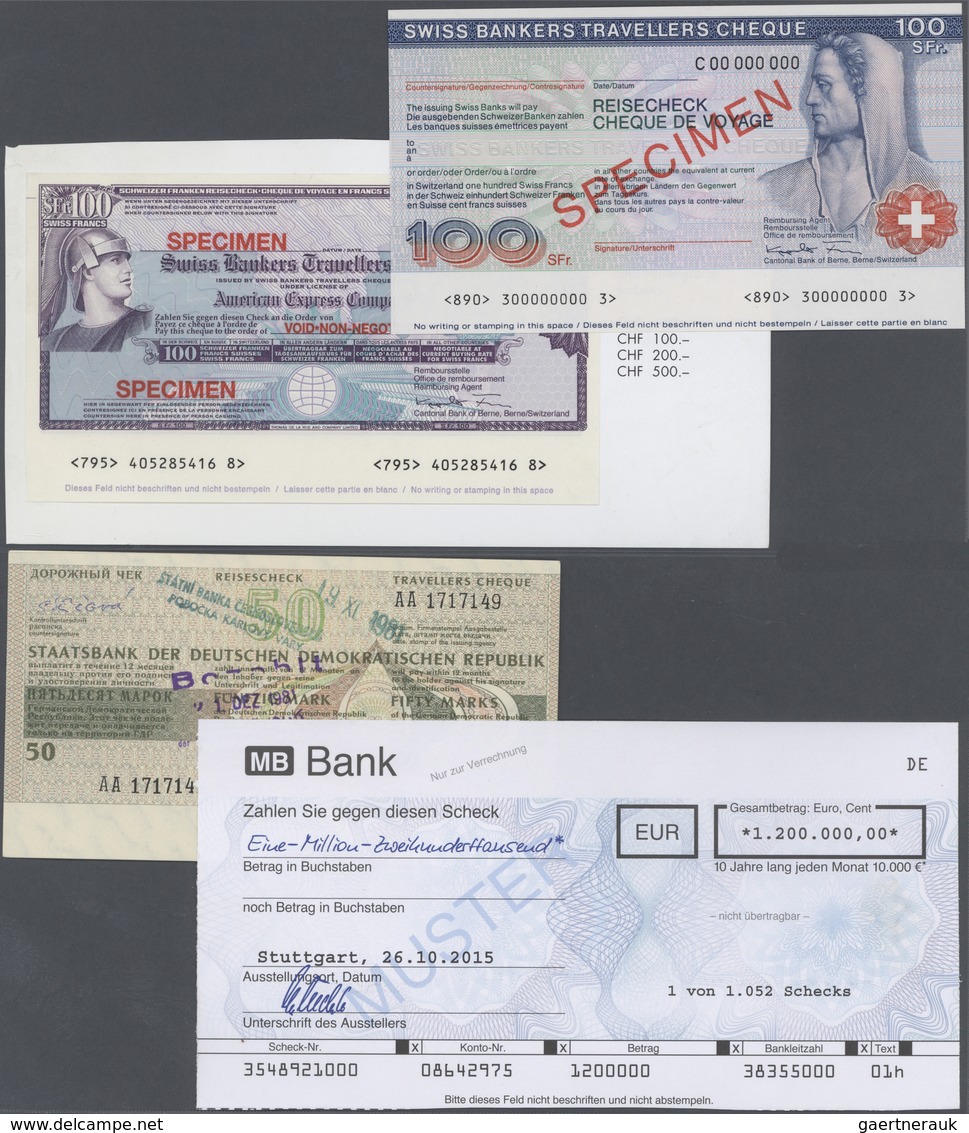 Alle Welt: Very Interesting Collection Of 18 Cheques And Travellers Cheques SPECIMEN Including 50 Ma - Other & Unclassified