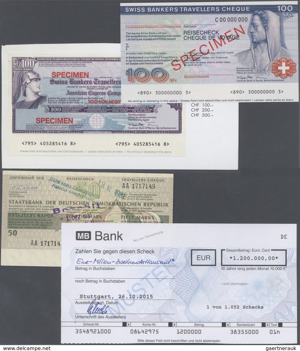 Alle Welt: Very Interesting Collection Of 18 Cheques And Travellers Cheques SPECIMEN Including 50 Ma - Sonstige & Ohne Zuordnung