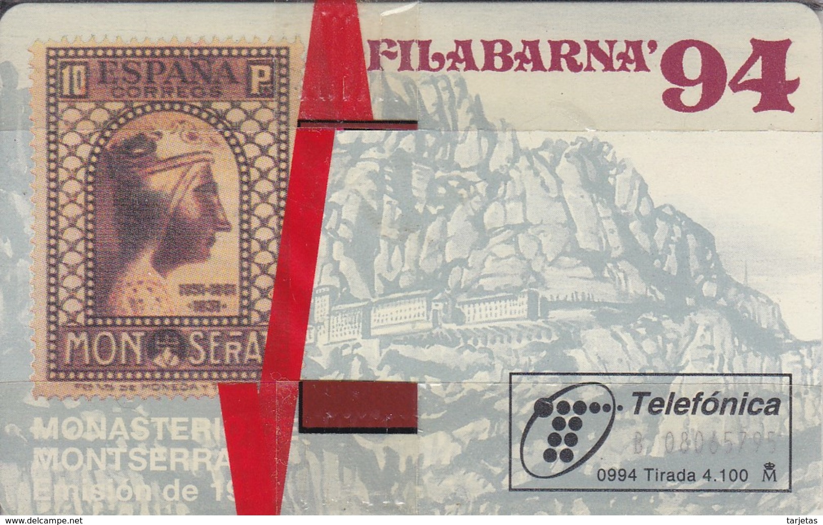 TARJETA DE ESPAÑA DE FILABARNA 94 DE TIRADA 4100 SELLO VIRGEN DE MONTSERRAT (STAMP)NUEVA-MINT - Francobolli & Monete