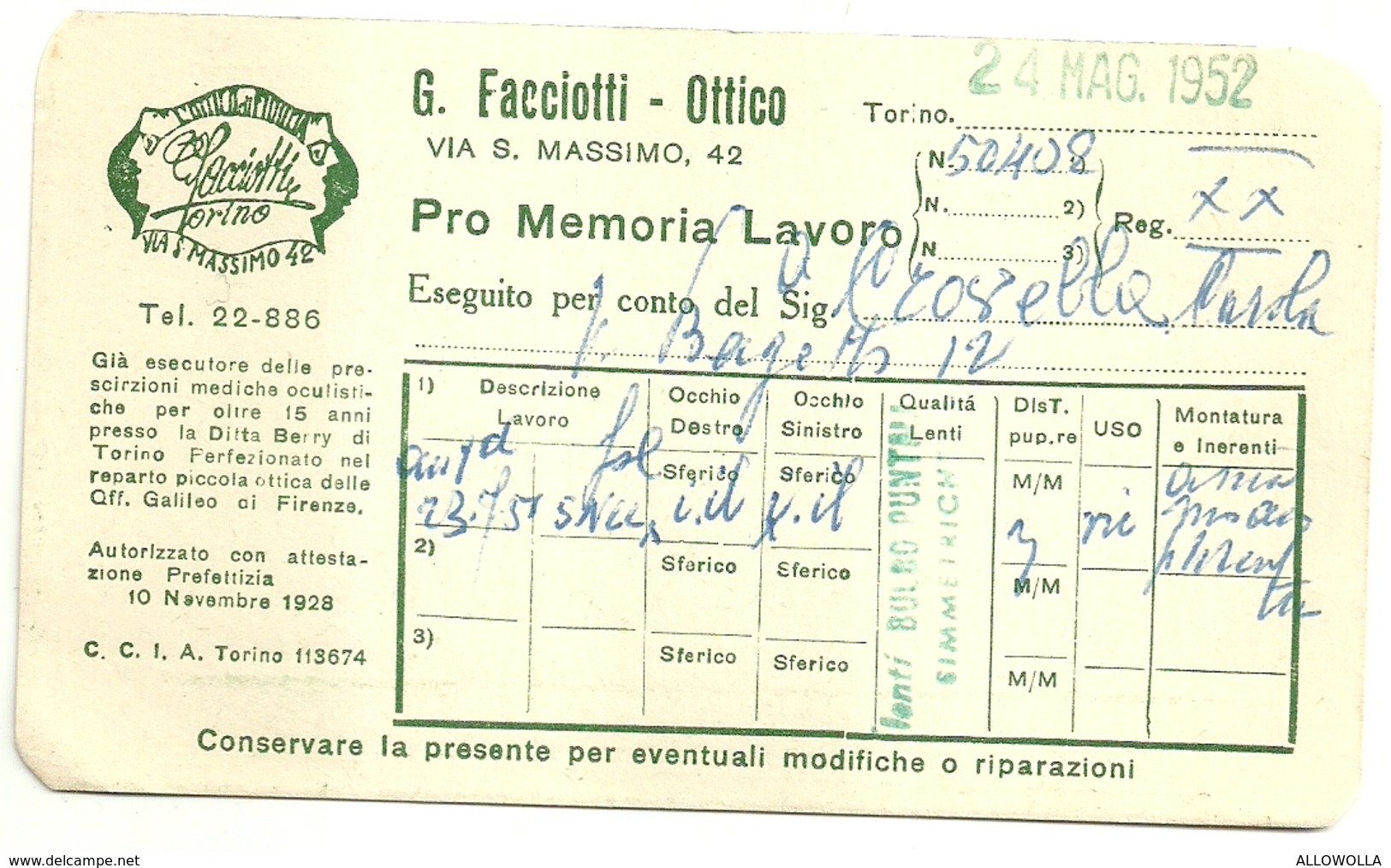 3568 "G. FACCIOTTI-OTTICO-TORINO-PRO MEMORIA LAVORO ESEGUITO PER CONTO DEL SIG. CROVELLA-24/5/1952" - ORIGINALE - Italy