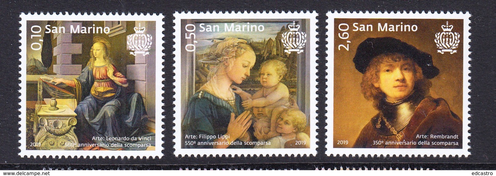 3.- SAN MARINO 2019 ART PAINTERS LEONARDO DA VINCI - FILIPPO LIPPI - REMBRANDT - Otros & Sin Clasificación