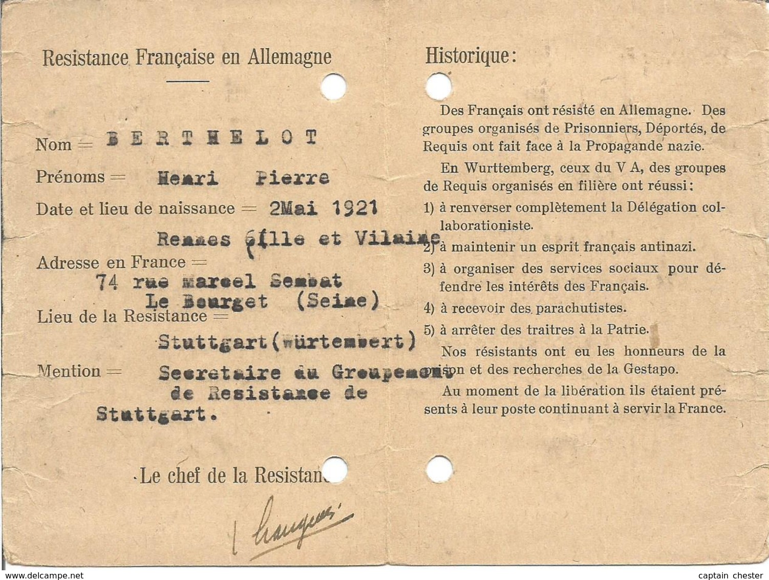 Carte " Résistance Française En Allemagne - Wurttemberg Stuttgart " - Documents