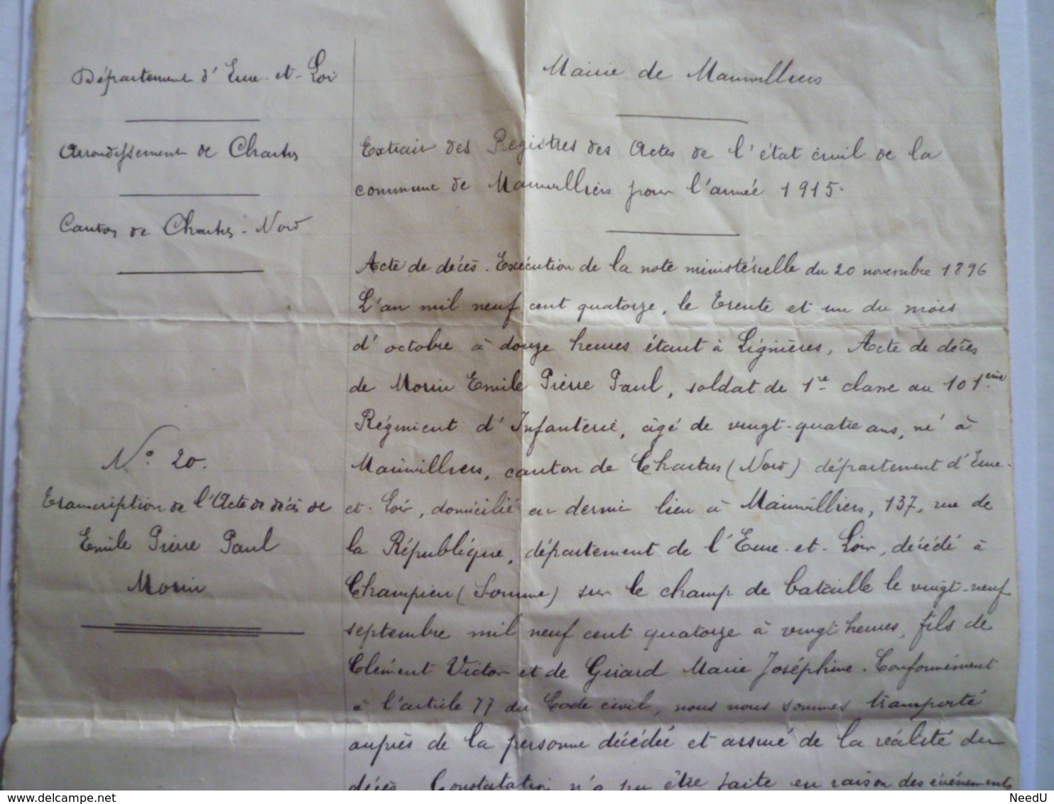 GP 2019 - 1179  MAINVILLIERS  (Eure-et-Loir)  :  Transcription De L'acte De Décès De Emile Pierre Paul MORIN  1915   XXX - Ohne Zuordnung