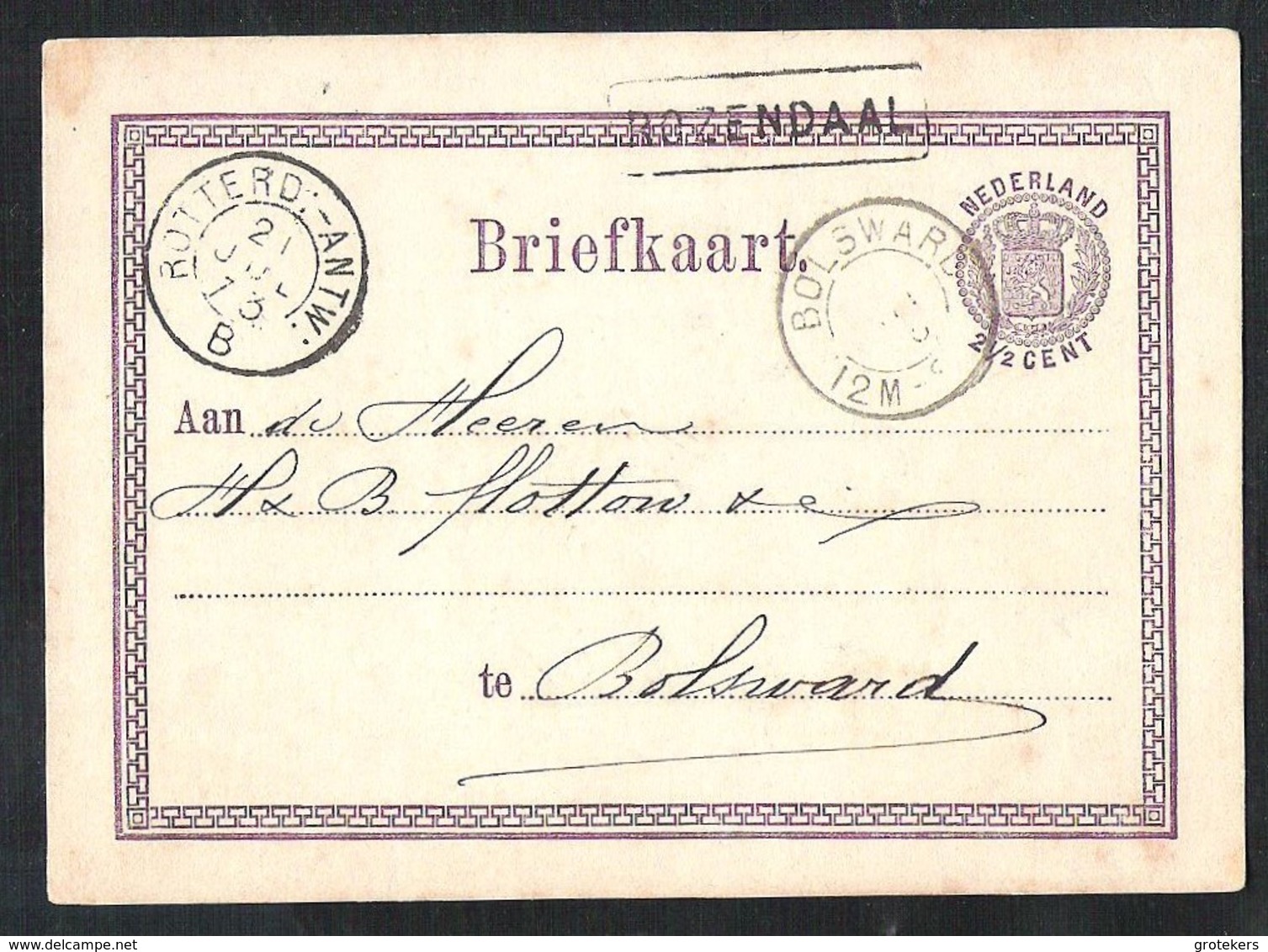 NEDERLAND Briefkaart G 3 Met Treinstempel Kleinrond ROTTERD:-ANTW: B En Haltestempel ROZENDAAL Naar Bolsward 1873 - Postwaardestukken