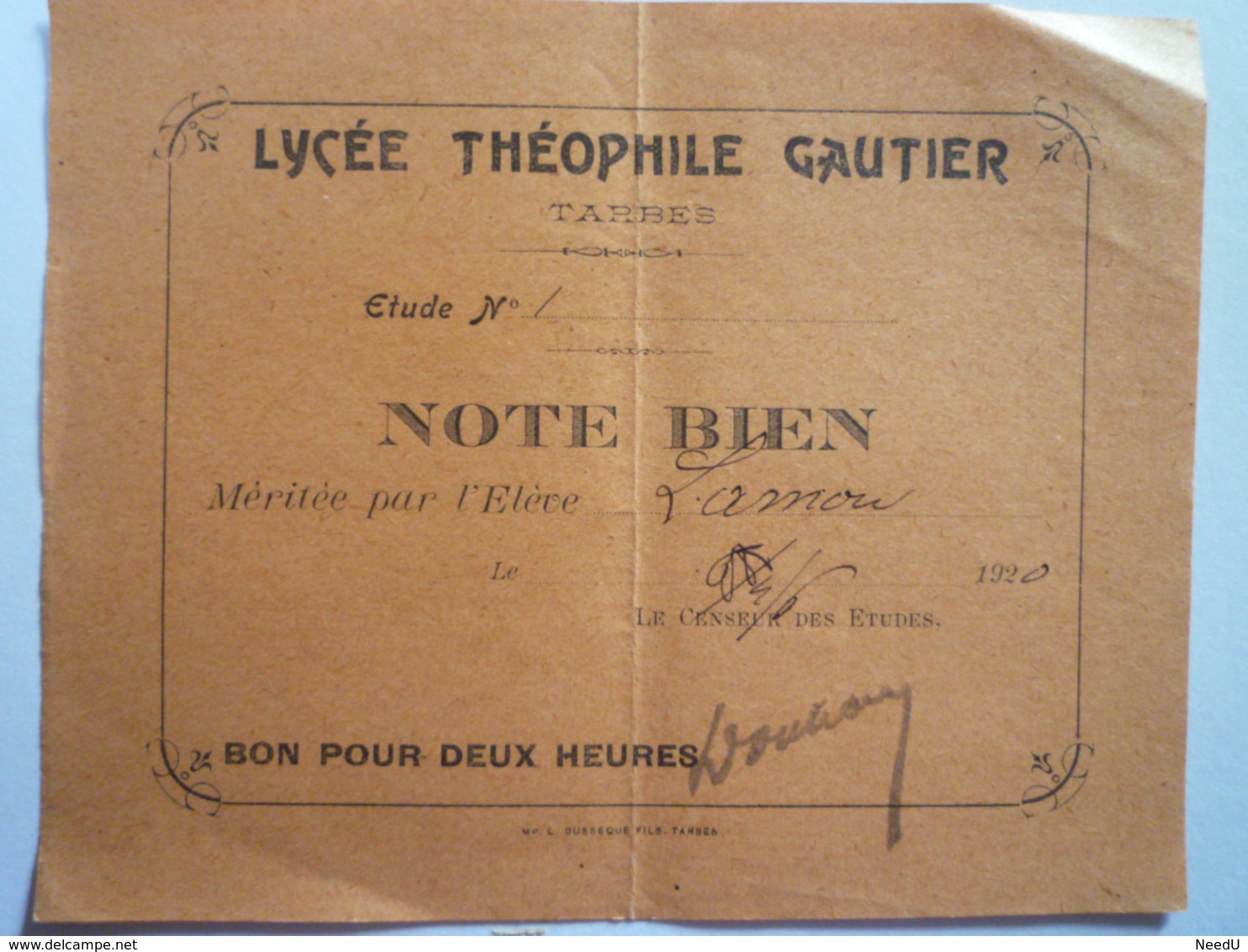 GP 2019 - 1180  Lycée Théophile GAUTIER  TARBES  :  BON Pour Deux Heures  1920   XXX - Ohne Zuordnung