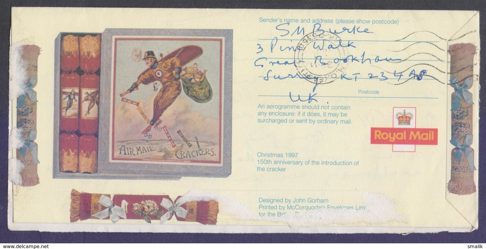 Great Britain UK GB Postal History, Pictorial Aerogramme Stationery On Christmas 1997 Cracker, Postal Used With Slogan P - Stamped Stationery, Airletters & Aerogrammes