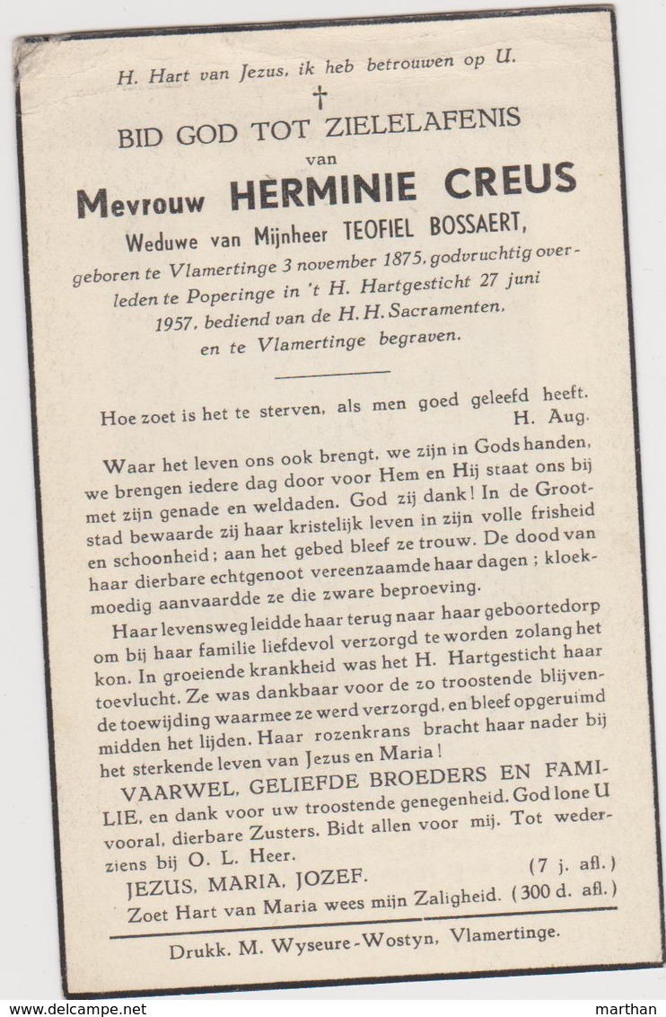 DOODSPRENTJE CREUS HERMINIE WEDUWE BOSSAERT VLAMERTINGE POPERINGE (1875 - 1957) - Imágenes Religiosas