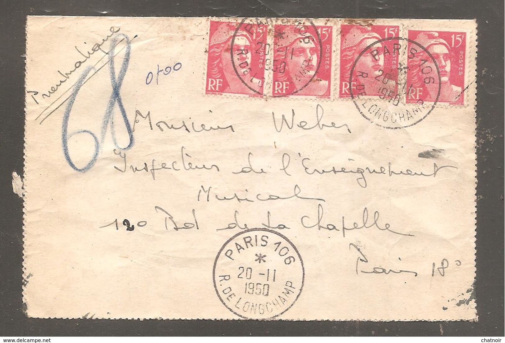 Pneumatique 15f GANDON X 4    Oblit PARIS   1950 - Briefe U. Dokumente