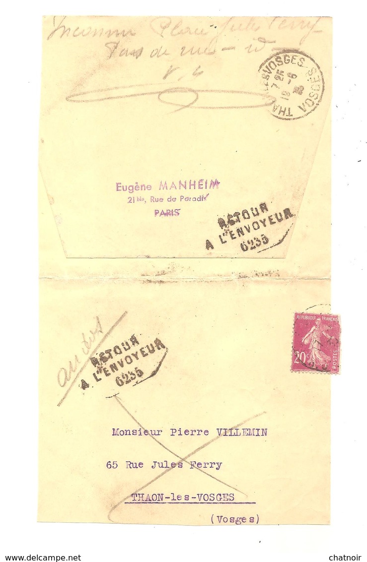 Envelopppe  Oblit  20C SEMEUSE (dft)  Pour THAON LES VOSGES  /RETOUR A L ENVOYEUR  6235 - 1906-38 Säerin, Untergrund Glatt