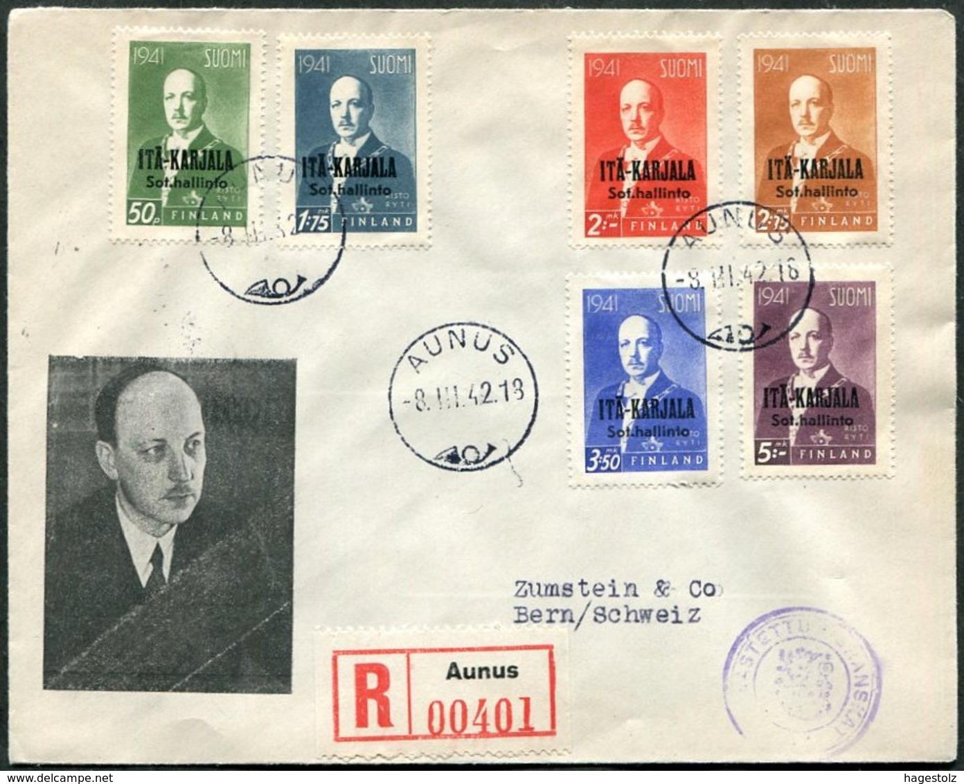 Finland WW2 1942 Itä-Karjala East Karelia AUNUS Russia Olonets Occupation President Ryti Registered Cover WWII > Schweiz - Unclassified