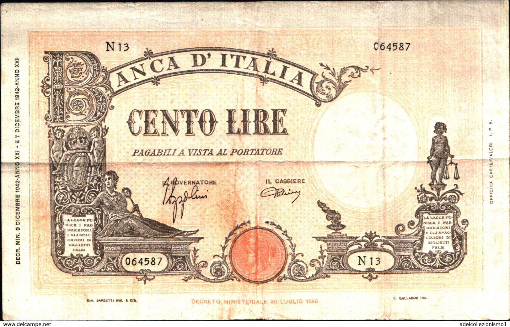 1735) Splendida Banconota Da 100£ Vecchio Tipo Di Colore Giallo Ocra Del 9-12-1942 - 100 Liras