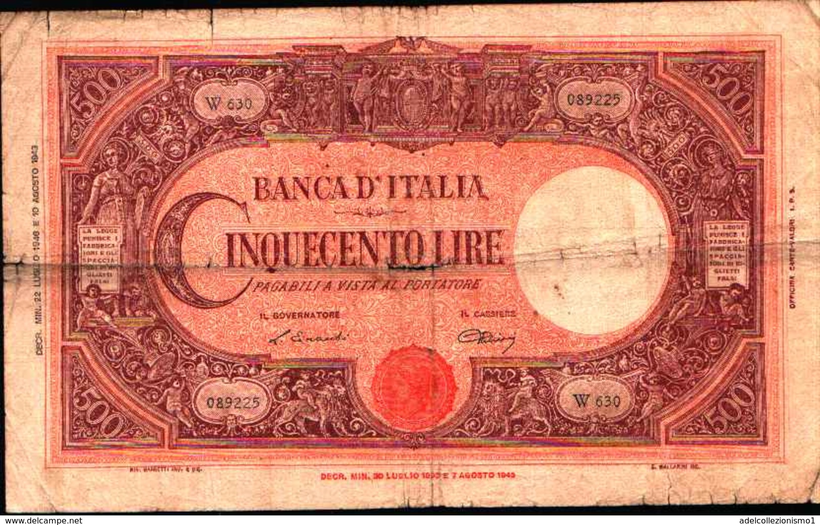 1738) Splendida Banconota Da 500£ GRANDE C BANCA D'ITALIA Del 22-7-1946 - 100 Liras