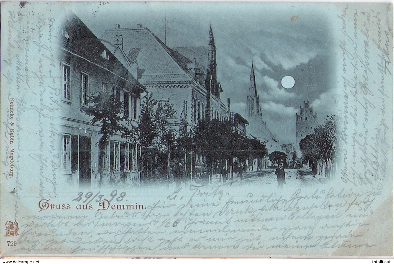 Gruß Aus DEMMIN Belebte Strasse Im Mondschein Passepartoutkarte 30.3.1898 Gelaufen - Demmin