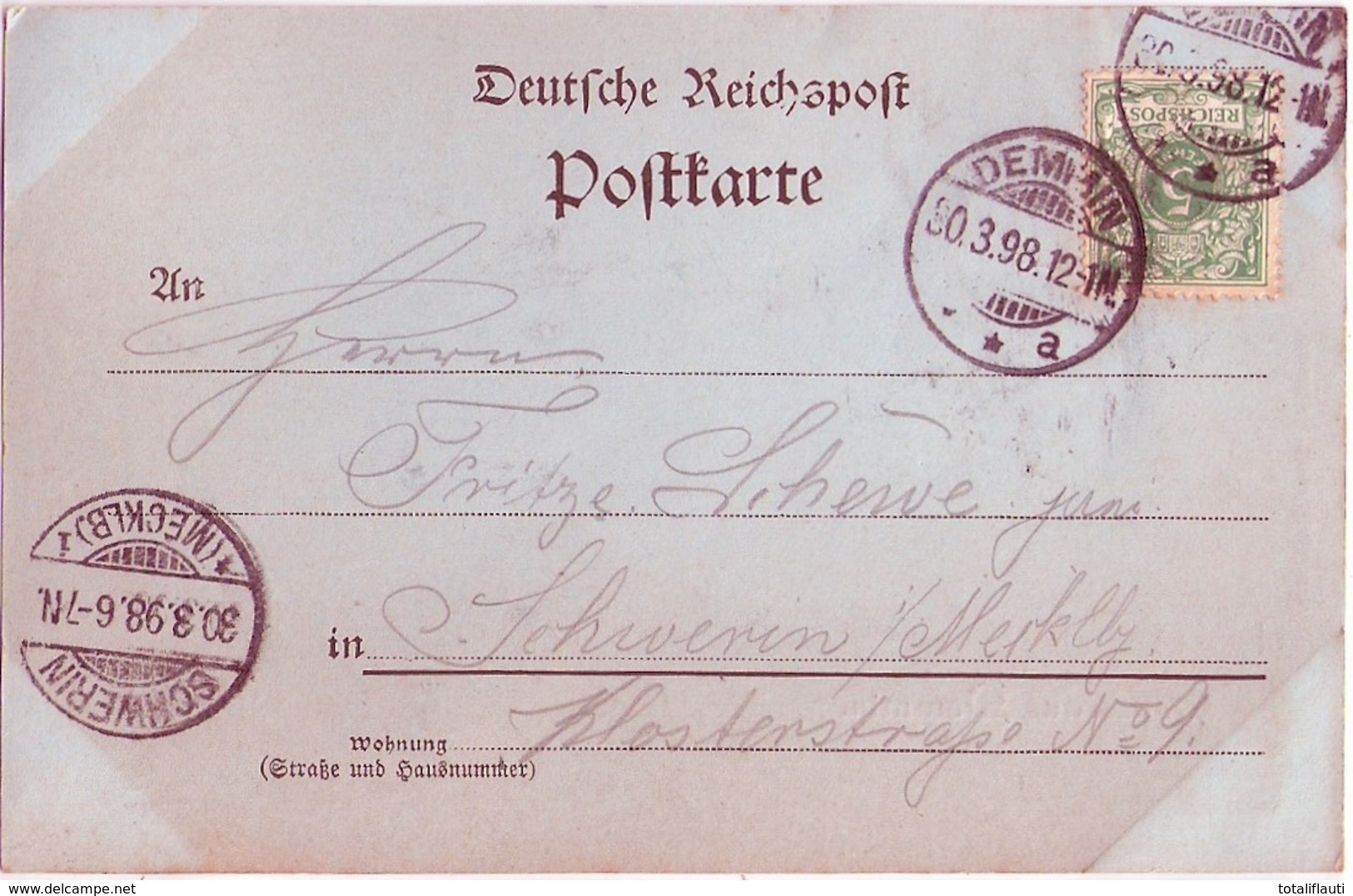 Gruß Aus DEMMIN Belebte Strasse Im Mondschein Passepartoutkarte 30.3.1898 Gelaufen - Demmin