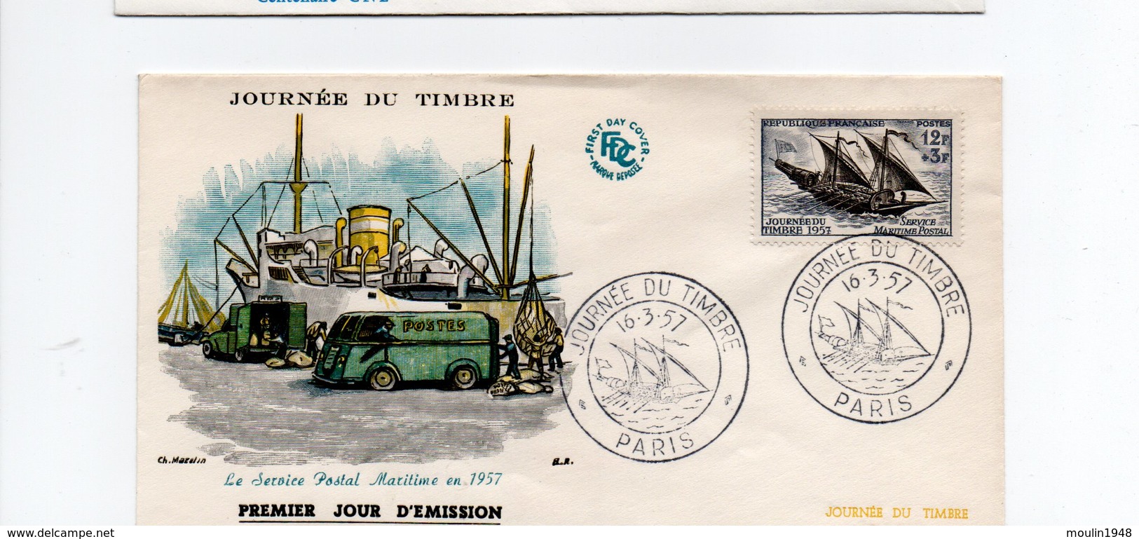 FDC  Journée Du Timbre Service Maritime Postal  Paris 16/3/1957YT 1093 - 1950-1959