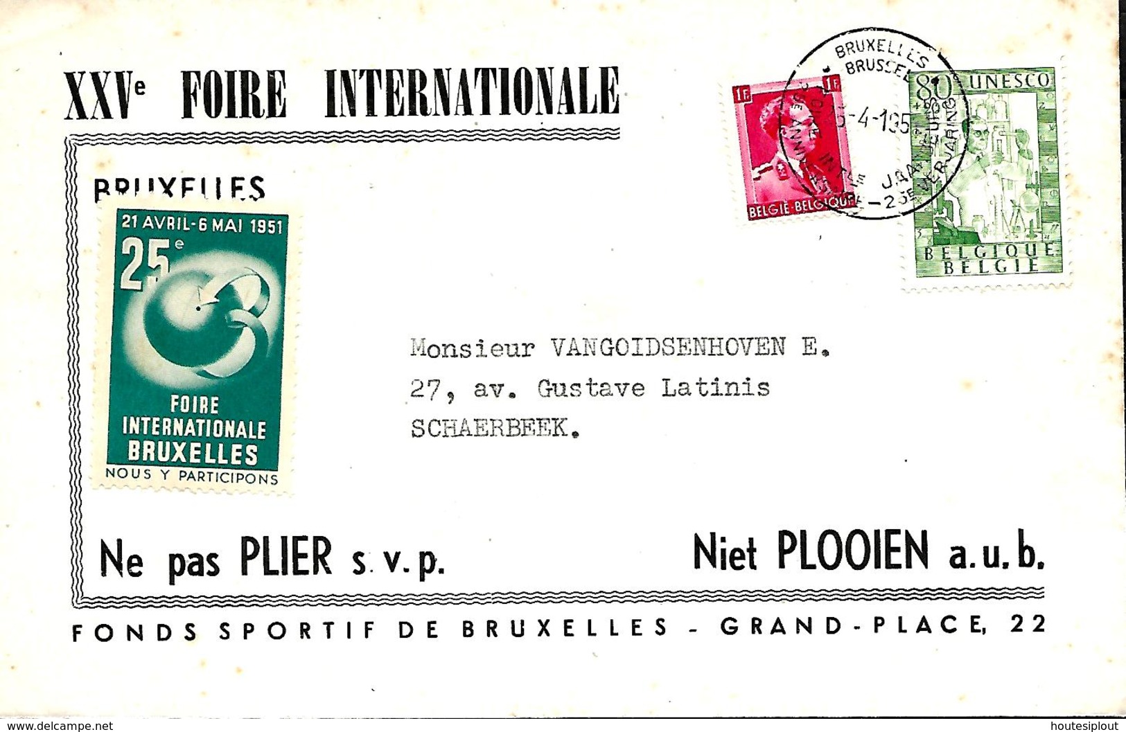 Belgique. TP 528 + 842 L. Bruxelles 25è Anniversaire/ Foire Internationale > Schaerbeek + Vignette 1951 - Storia Postale