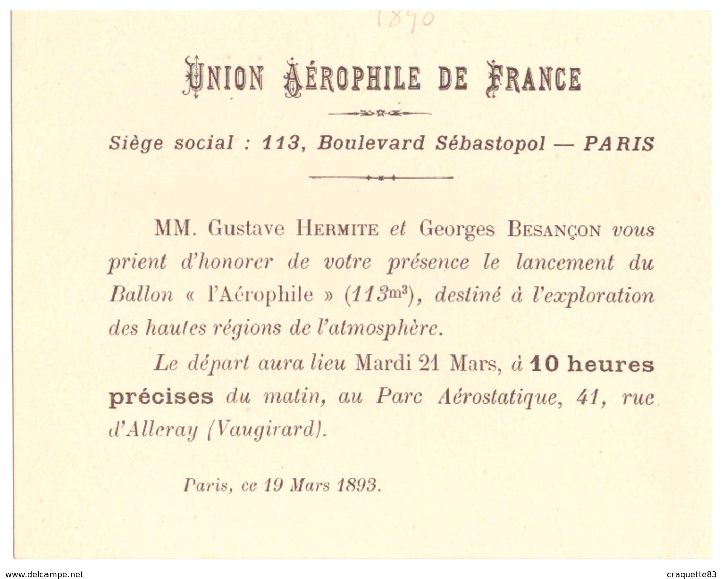 UNION AEROPHILE DE FRANCE-  INVITATION POUR LE LANCEMENT DU BALLON "L'AEROPHILE DESTINE A L'EXPLORATION DES HAUTES REGIO - Autres & Non Classés