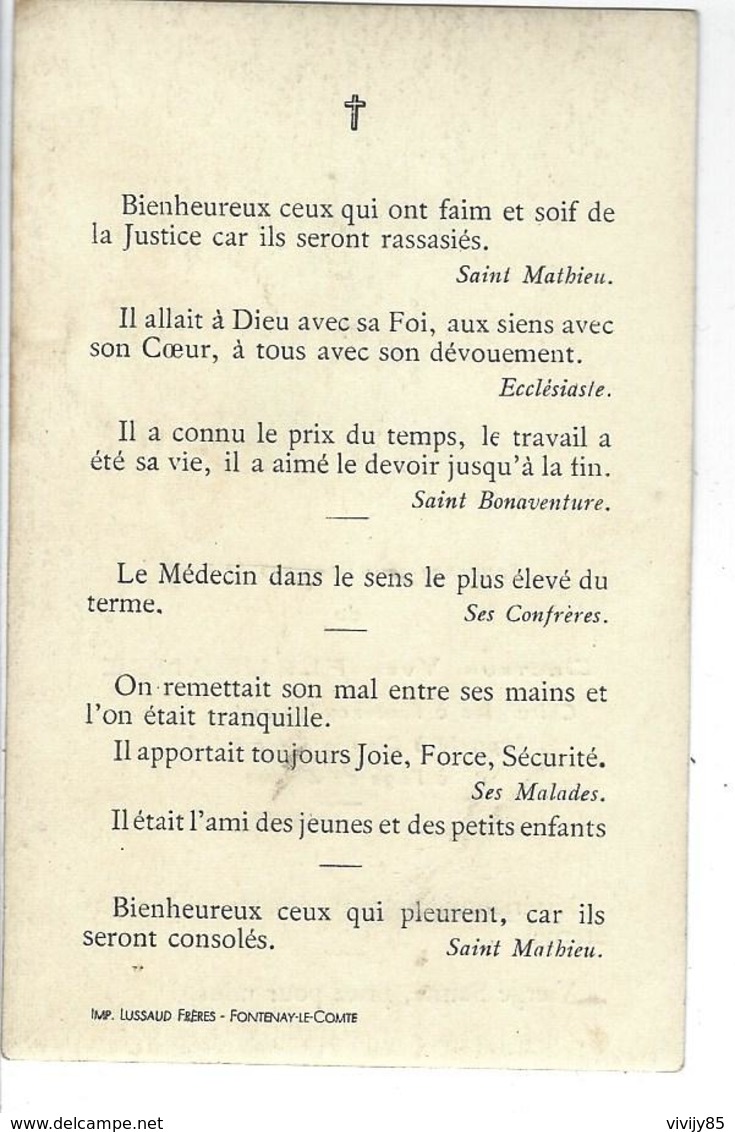 85 - FONTENAY LE COMTE - T.B. Photo " Docteur Yves Fleurance , Chirurgien " Décédé Le 04 Mars 1952 - Obituary Notices