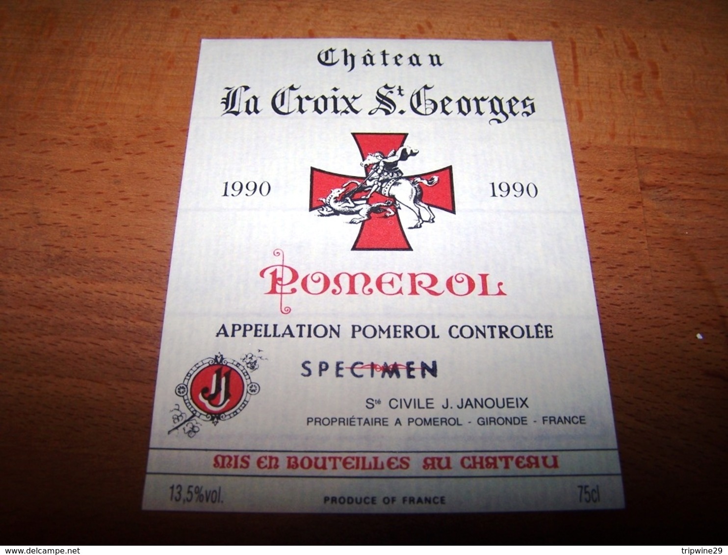 Etiquette Vin Wine Label Pomerol Chateau La Croix Saint Georges 1990 Bordeaux Gironde - Bordeaux