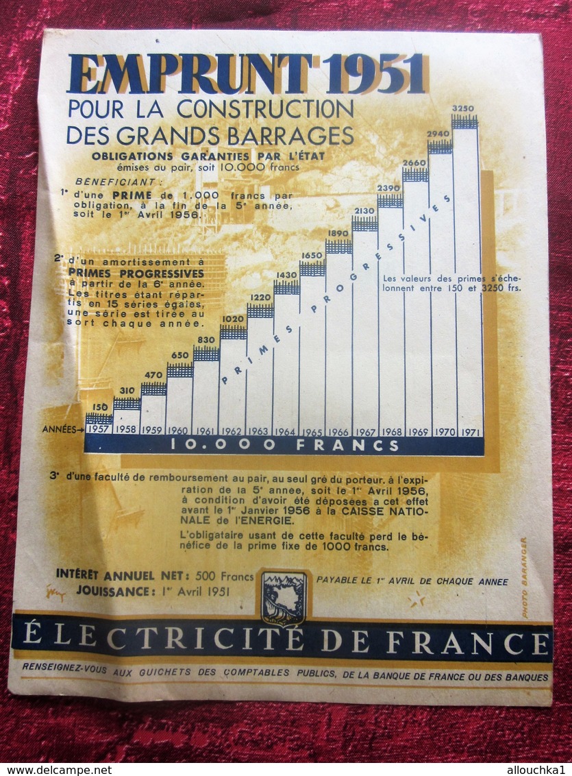 PUBLICITE EMPRUNT 1951 POUR LA CONSTRUCTION DES GRANDS BARRAGES OBLIGATION GARANTIE PAR L'ETAT  ELECTRICITE DE FRANCE - Electricité & Gaz