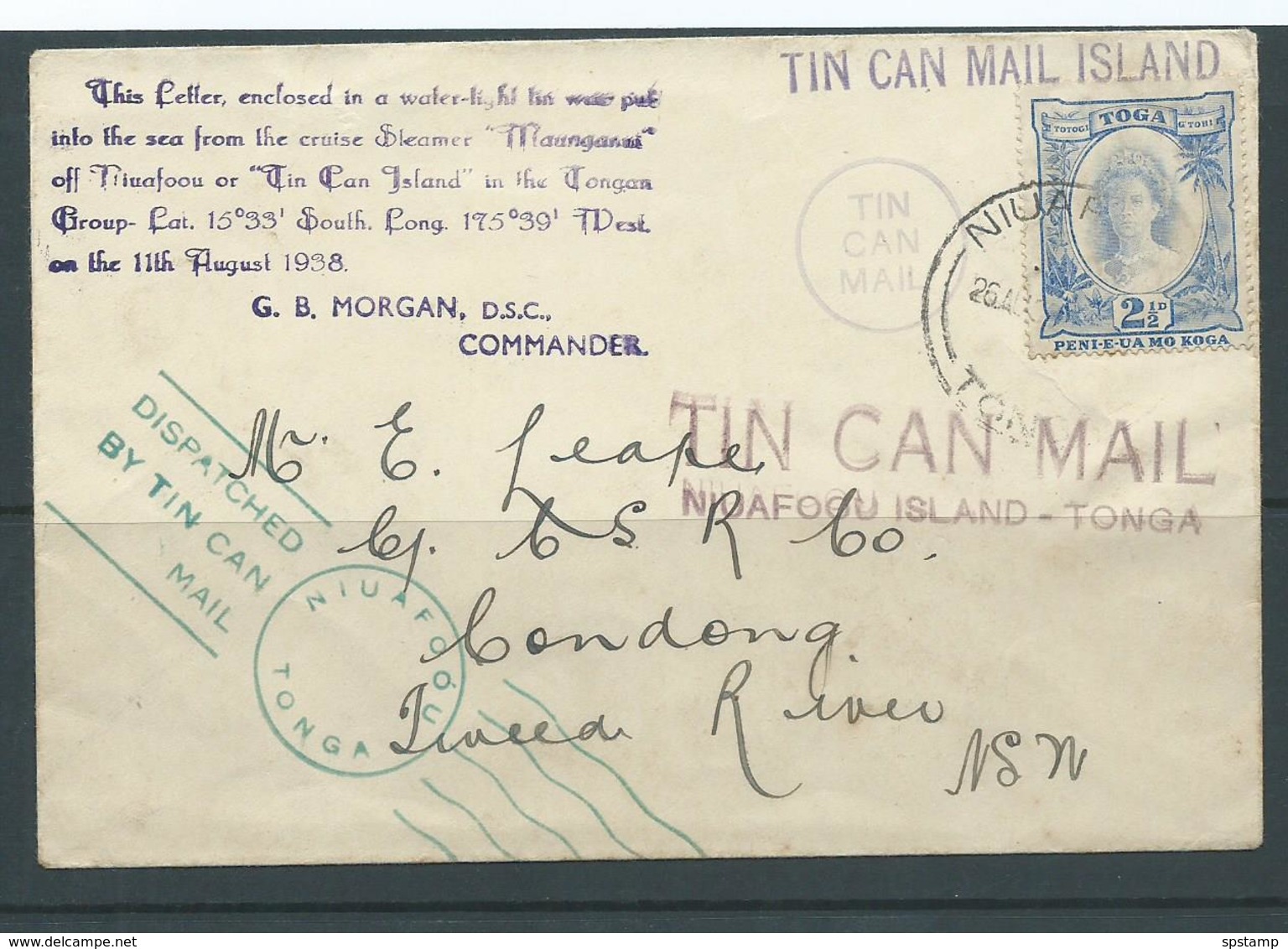 Tonga 1938 Clean Tin Can Mail Cover To Tweed River NSW Australia, Profusely Cacheted As Always - Tonga (1970-...)