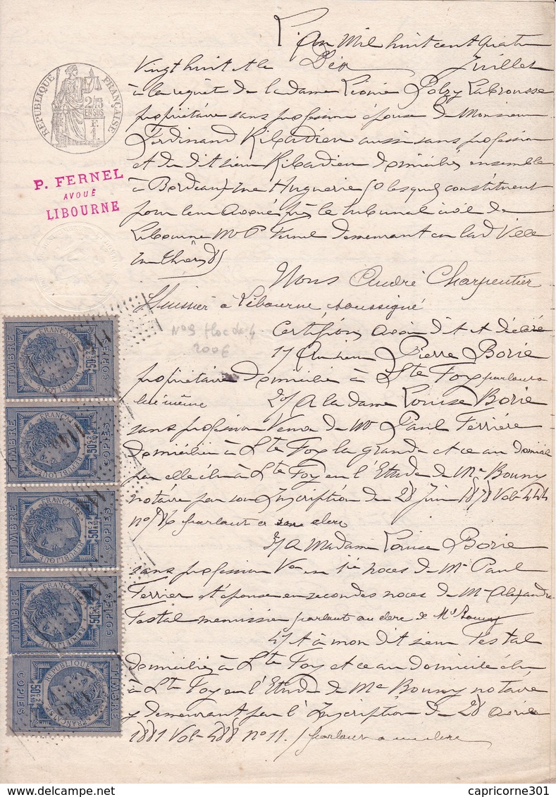 Fiscaux Sur Document 1886 Timbres Copies En Bande De Cinq Du N°9 - Lettres & Documents