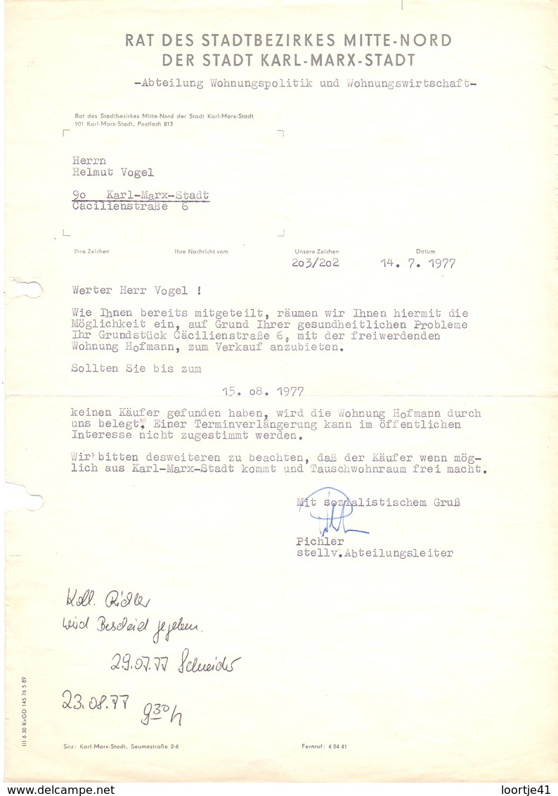 Brief Lettre - Rat Des Stadtbezikes Der Stadt Karl Marx Stadt - 1977 - Non Classés