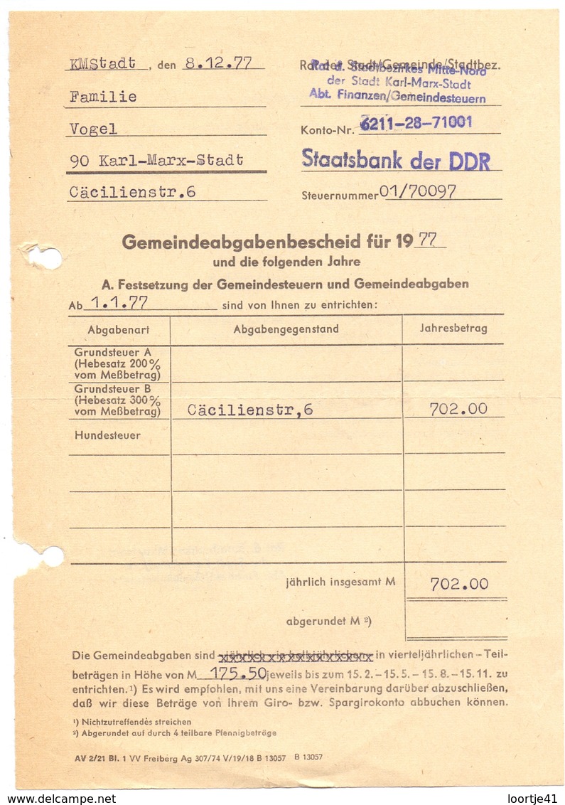 Brief Lettre Rehnung Staatsbank DDR - Familie Vogel - Karl Marx Stadt - 1977 - Otros & Sin Clasificación