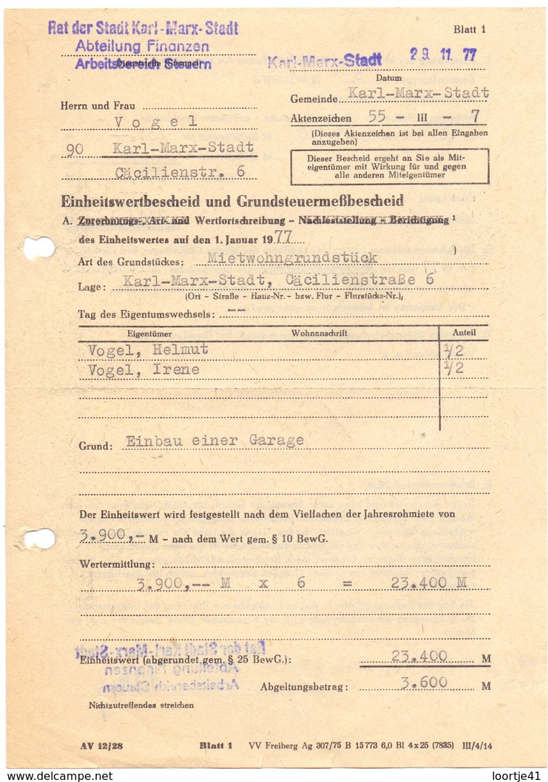 Brief Lettre Rehnung - Familie Vogel - Karl Marx Stadt - 1977 - Sonstige & Ohne Zuordnung