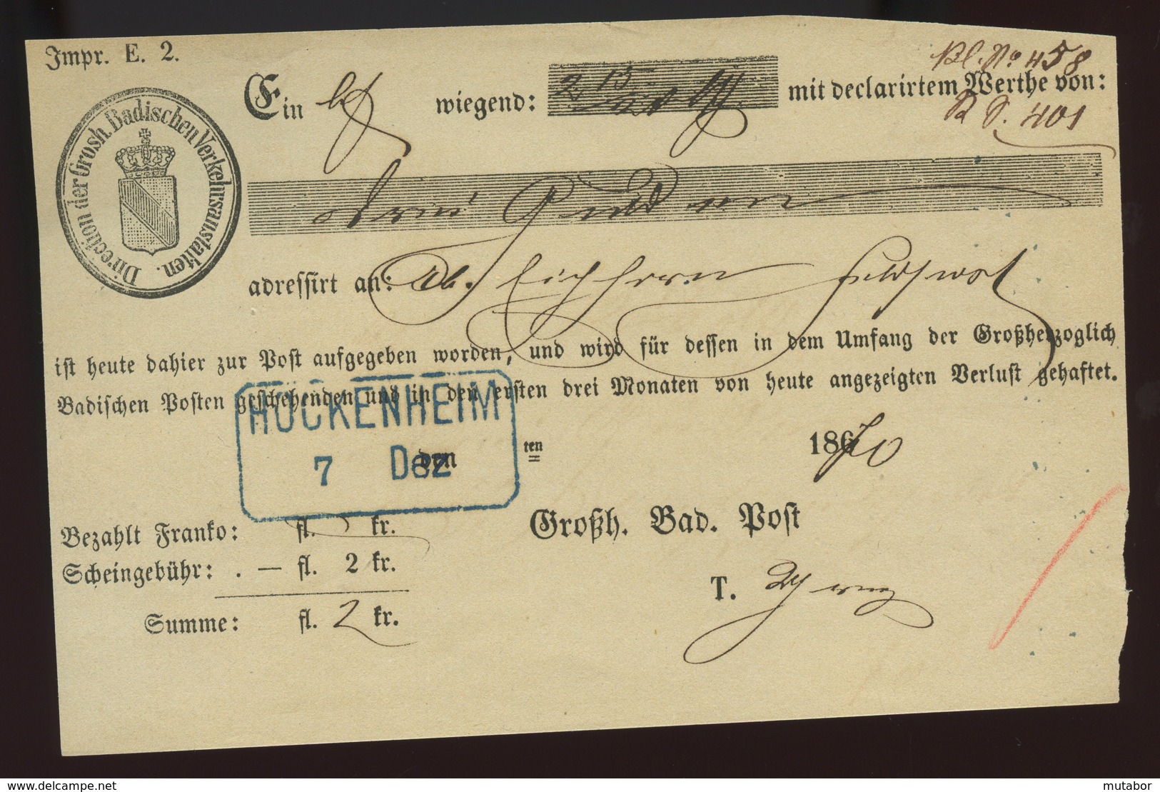 1870 Hockenheim Postschein Der Großb.Bad.Post - Vorphilatelie