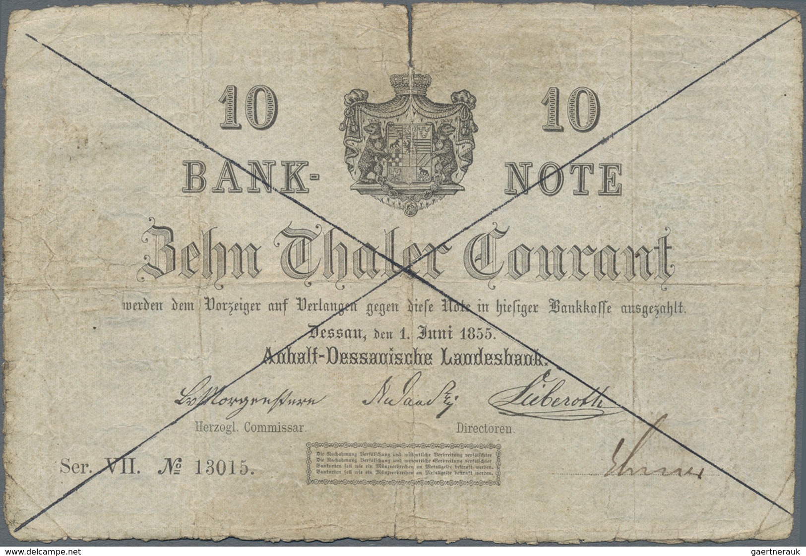 Deutschland - Altdeutsche Staaten: Anhalt-Dessauische Landesbank 10 Thaler 1855, PiRi A24, Entwertet - [ 1] …-1871 : German States