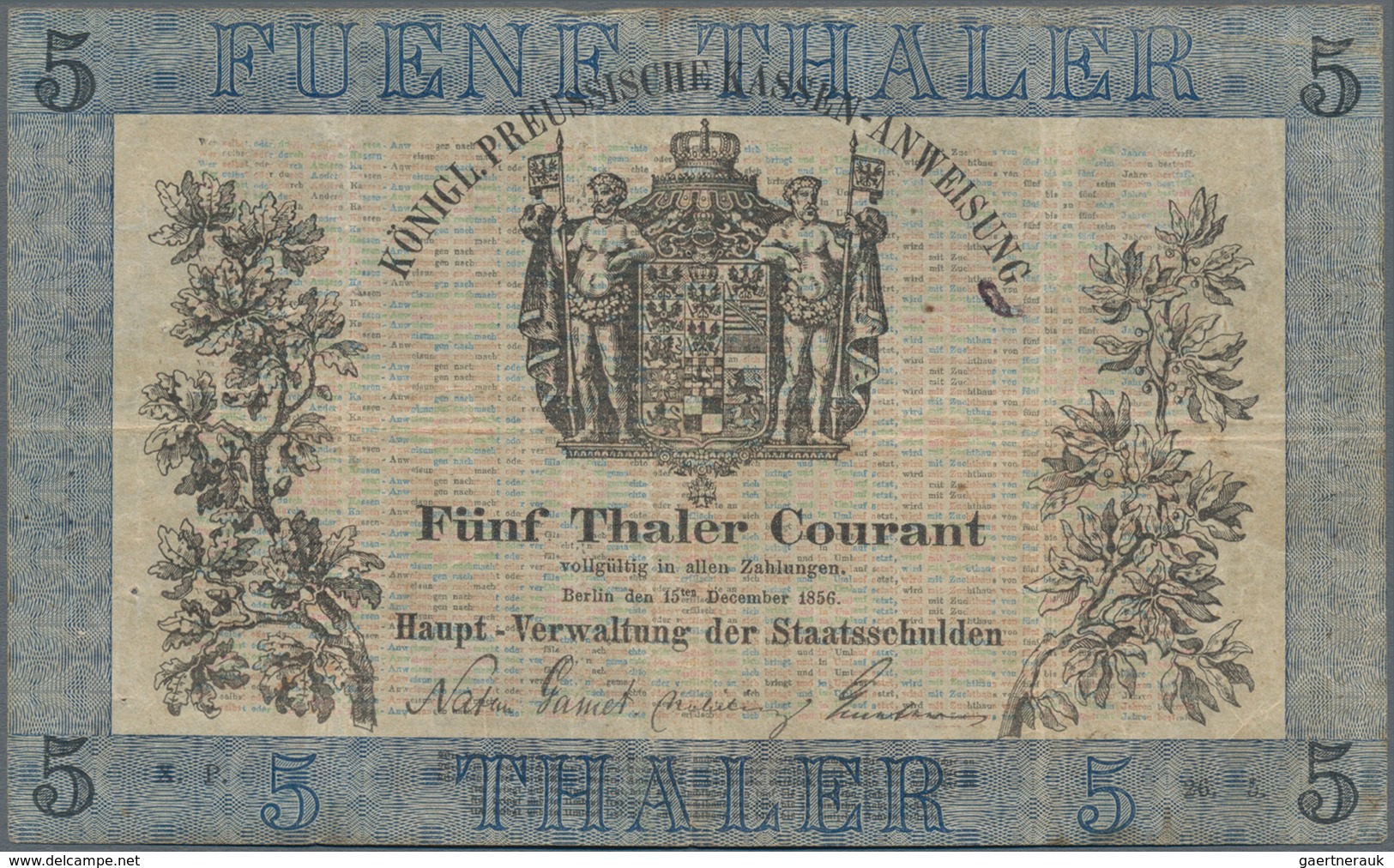 Deutschland - Altdeutsche Staaten: Königl. Preussische Kassen-Anweisung 5 Thaler Courant 1856, PiRi - [ 1] …-1871 : German States