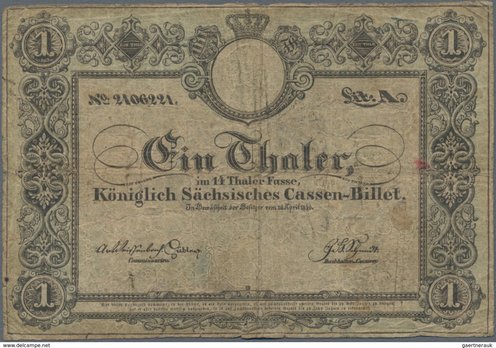 Deutschland - Altdeutsche Staaten: Königlich Sächsisches Cassen-Billet 1 Thaler 1840, PiRi A388, Stä - [ 1] …-1871 : German States