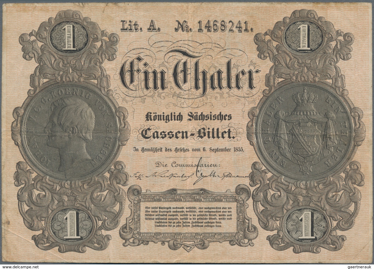 Deutschland - Altdeutsche Staaten: Königlich Sächsisches Cassen-Billet 1 Thaler 1855, PiRi A391, Uml - [ 1] …-1871 : Stati Tedeschi