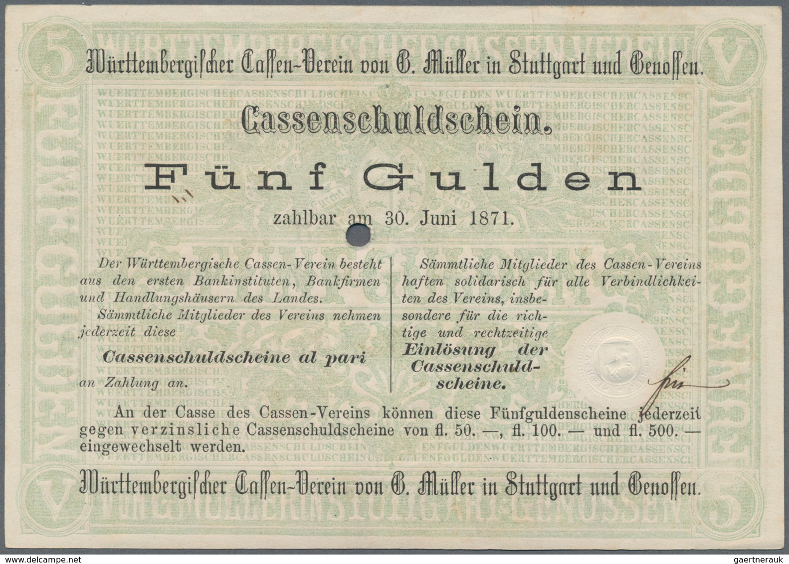 Deutschland - Altdeutsche Staaten: Württembergischer Cassen-Verein Von G. Müller Und Genossen 5 Guld - [ 1] …-1871 : Etats Allemands