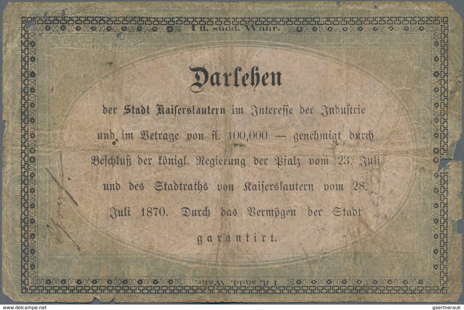 Deutschland - Altdeutsche Staaten: Darlehen-Schein Der Stadt Kaiserslautern 1 Gulden 1870, PiRi A577 - [ 1] …-1871 : Etats Allemands